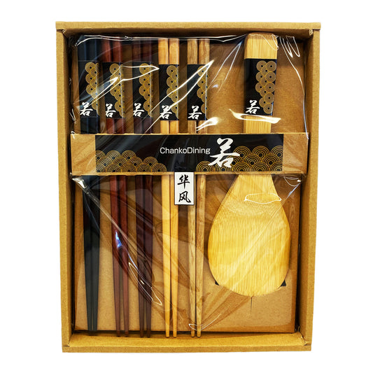 Front graphic view of Wooden Chopstick Set with Spatula - Natural Colors