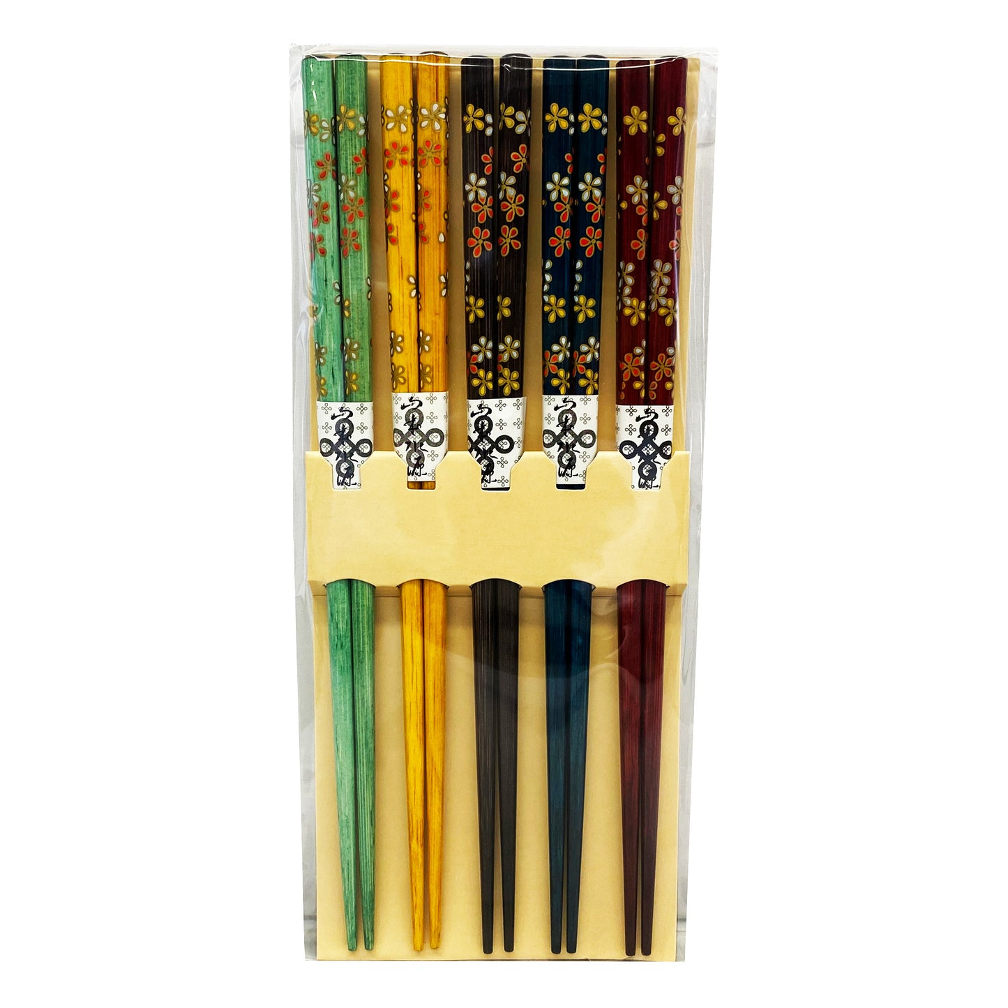 Front graphic view of Wooden Square Chopsticks - Assorted Flower (5 Sets) 
