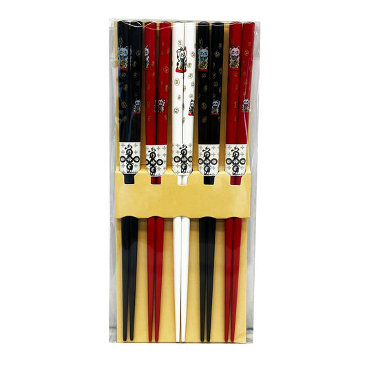 Front graphic view of Wooden Square Chopsticks - Assorted Fortune Cat (5 Sets)