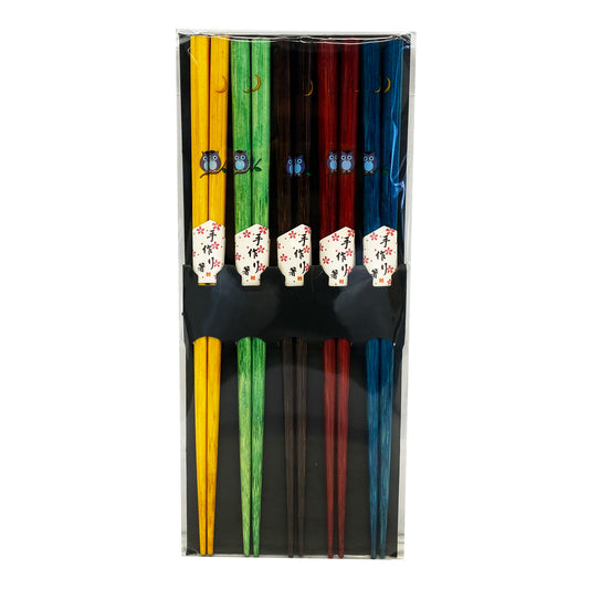 Front graphic view of Wooden Square Chopsticks - Assorted Owls (5 Sets)