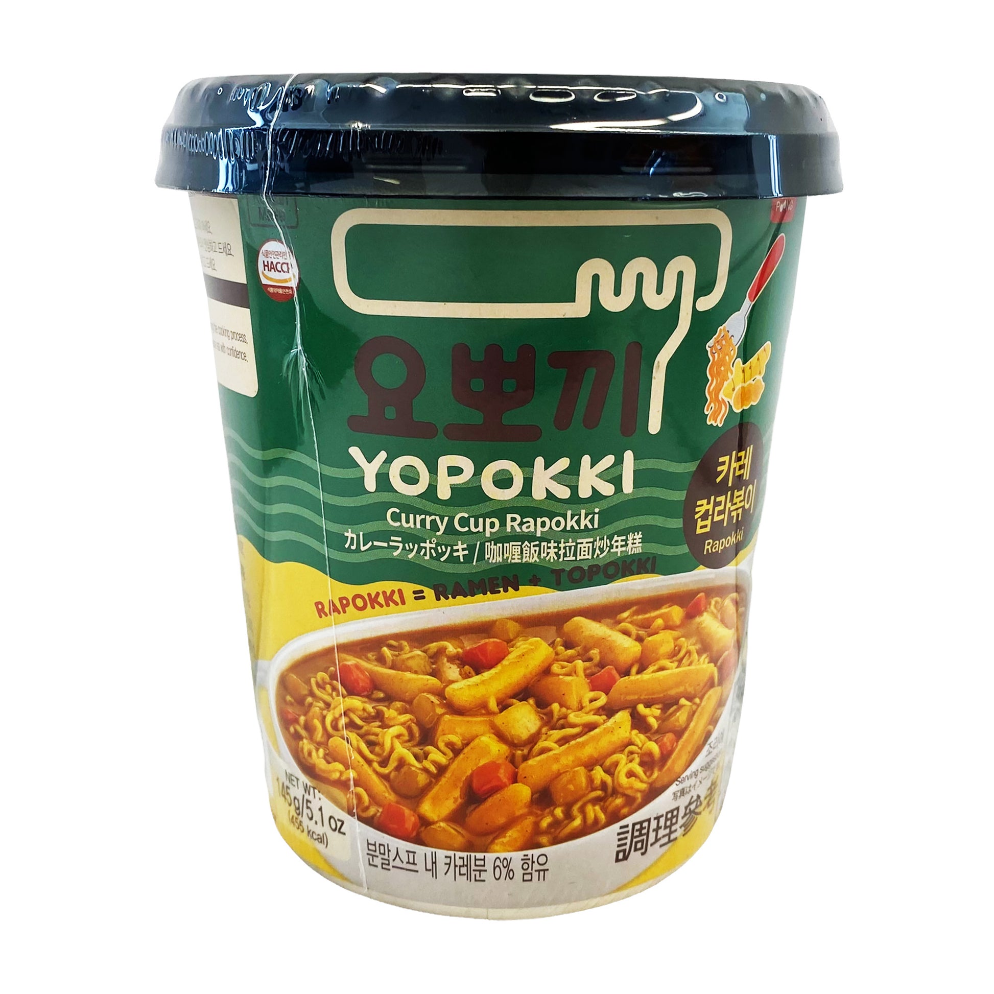 Front graphic image of Yopokki Curry Cup Rabokki 5.1oz (145g)